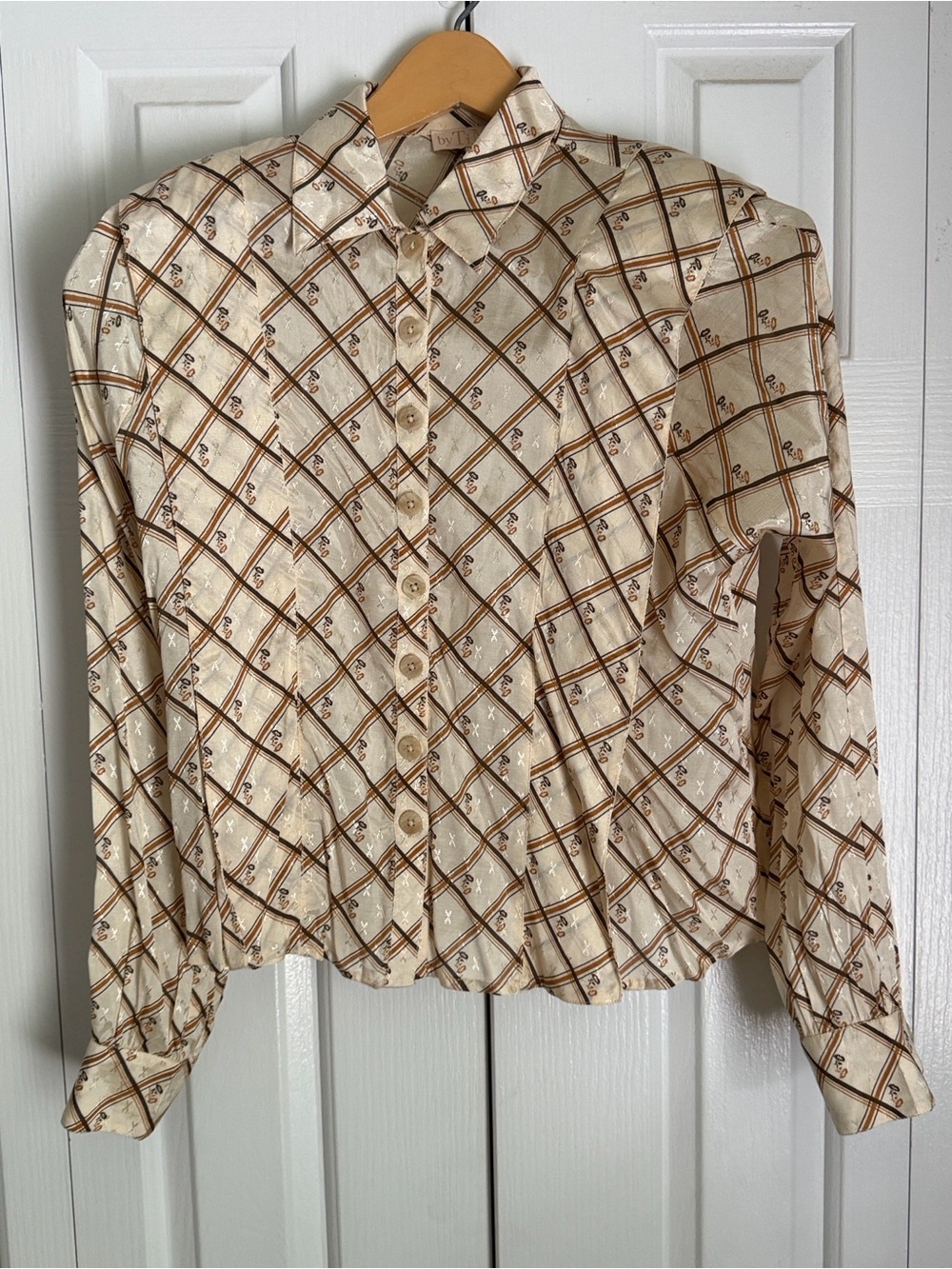 byTiMo Layered Floral Check Printed Satin Jacquard Button Front Blouse Womens XS